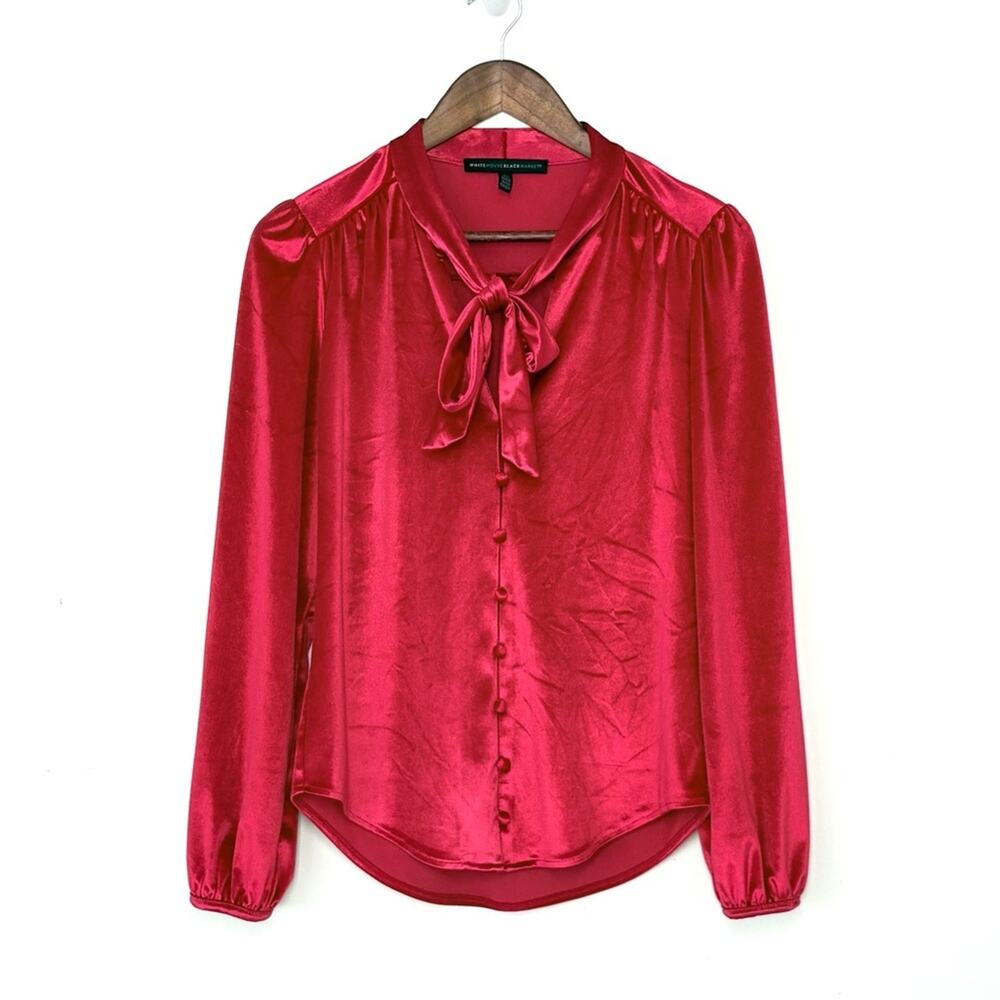Red Velvet Tie Neck Blouse Women XS WHBM Bow Party Holiday Festive Christmas